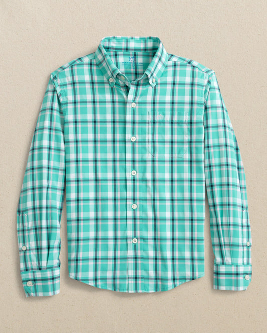 Boys River Ridge Plaid Intercoastal Long Sleeve Sport Shirt - Turtle Green